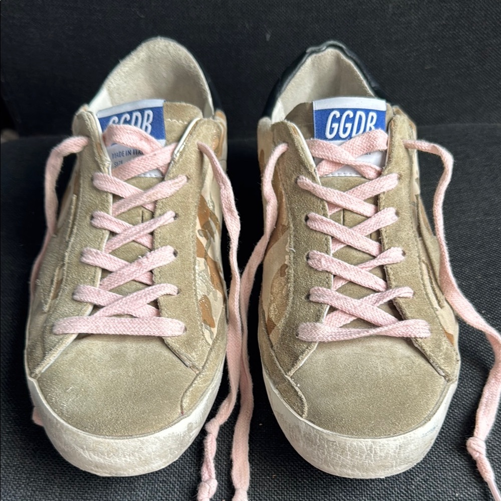 Golden Goose Suede Camo Sneakers with Pink Laces